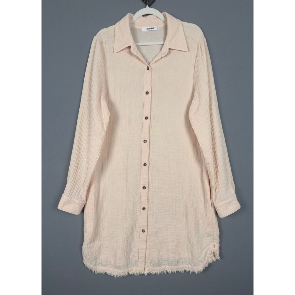 Self Contrast Peach Cotton Gauze Button Down Shirt Dress Raw Hem Size L